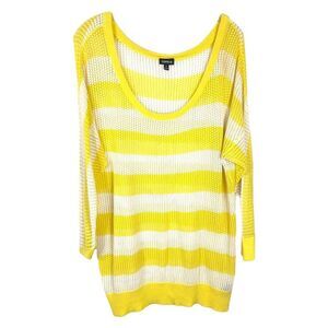 Torrid Plus Size 1X Sweater‎ Yellow White Striped Sheer Scoop Knit Pullover 948